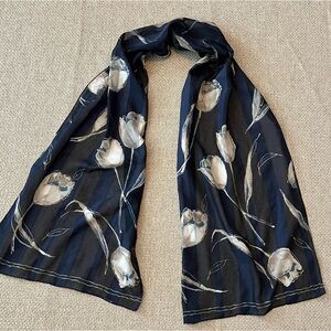 Silk  Chiffon Scarf Black Blue Tan Floral Roses Wrap Rectangular